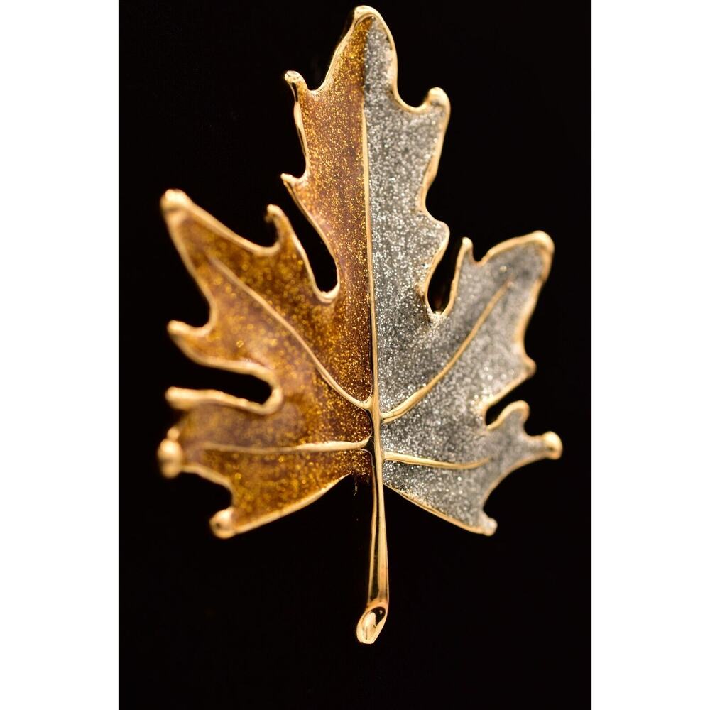 Vintage Autumn Fall Glitter Enamel Leaf Pin Brooch Silver Gold NOS 1990s BinA18 - Picture 4 of 12